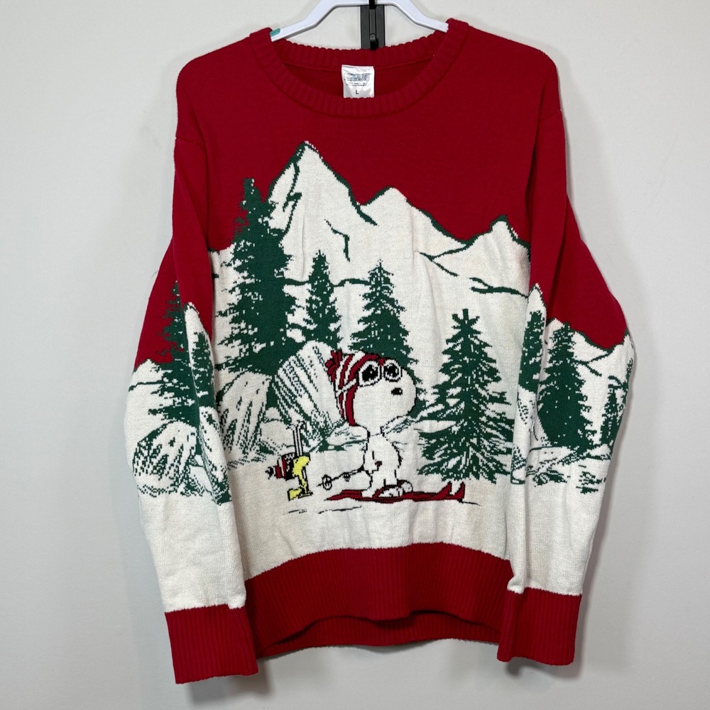 NWT Peanuts Snoopy Skiing Sweater Mens Large Red White New Mountain Graphic